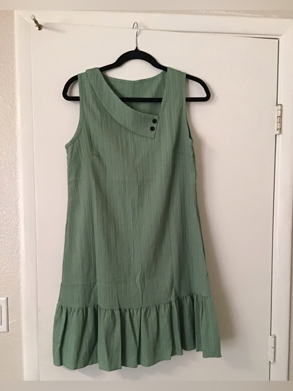 Sleeveless Sage Green Ruffle-Hem Dress with Asymmetric Tab Neck